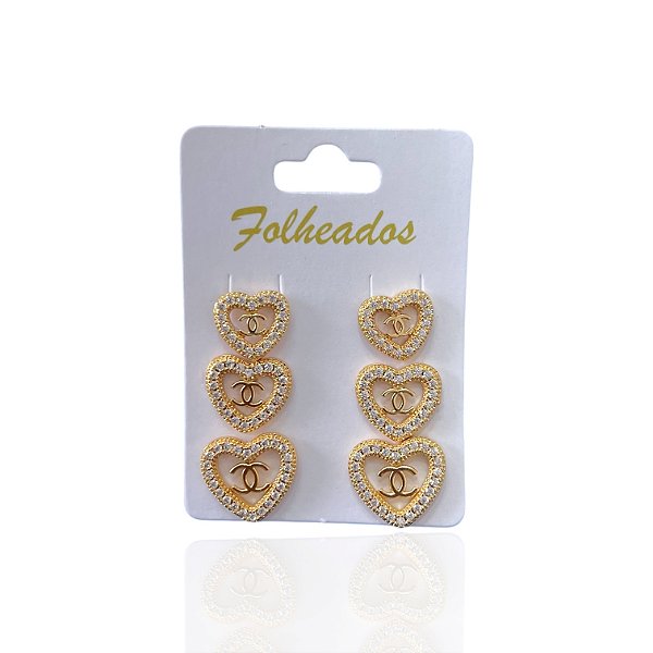 Trio Brincos Folheado Ouro 18k e Prata 925 Coração Inspired X Cravejado