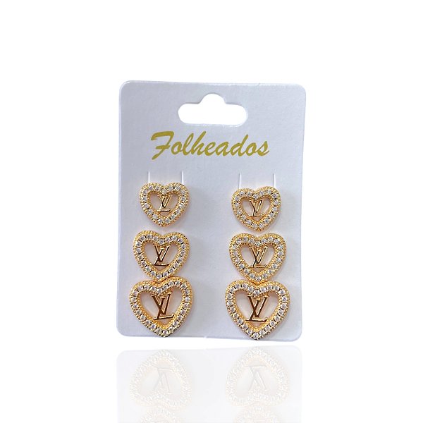 Trio Brincos Folheado Ouro 18k e Prata 925 Coração Inspired LV Cravejado