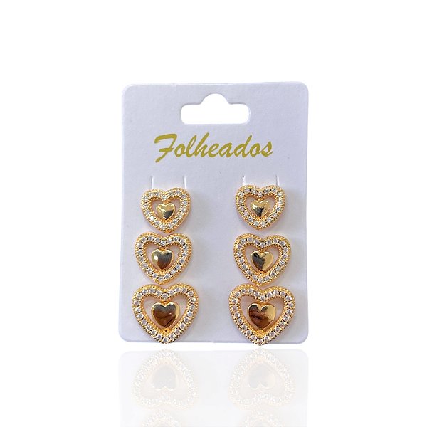 Trio Brincos Folheado Ouro 18k e Prata 925 Coração Cravejado