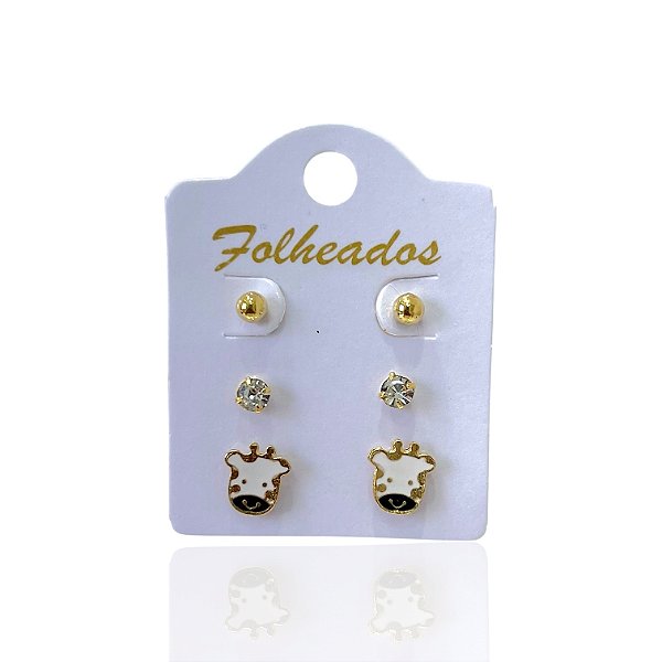 Trio Brincos Folheado Ouro 18k e Prata 925 Girafa