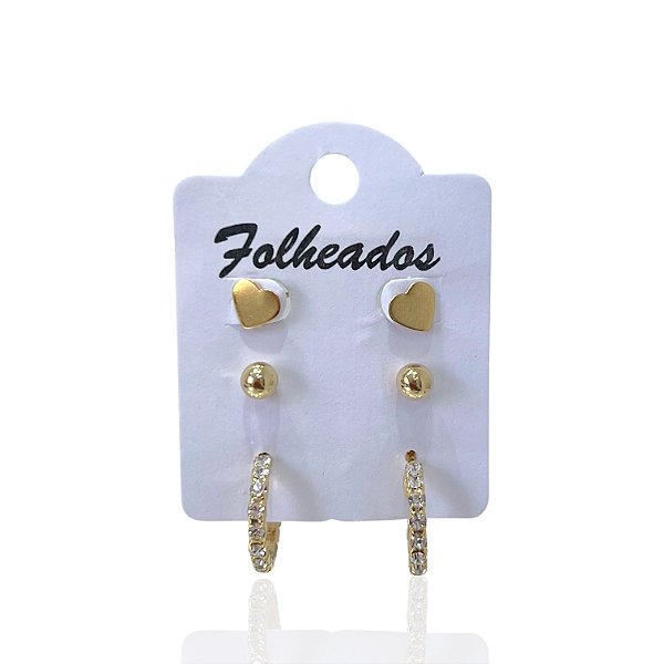 Trio Brincos Folheado Ouro 18k e Prata 925 Argola Coração