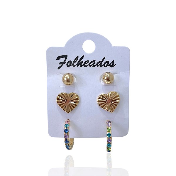 Trio Brincos Folheado Ouro 18k e Prata 925 Coração Argola Colors