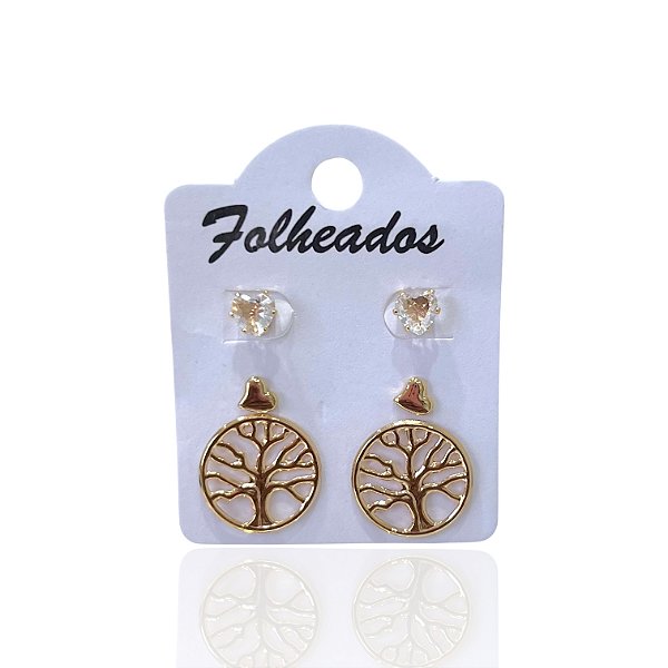 Trio Brincos Folheado Ouro 18k e Prata 925 Árvore Da Vida