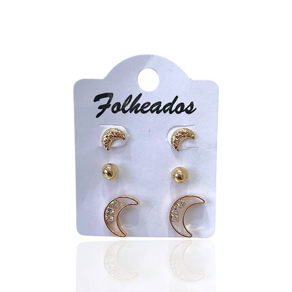 Trio Brincos Folheado Ouro 18k e Prata 925 Lua
