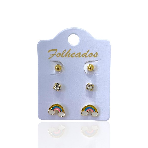 Trio Brincos Folheado Ouro 18k e Prata 925 Arco Íris