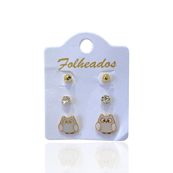 Trio Brincos Folheado Ouro 18k e Prata 925 Coruja