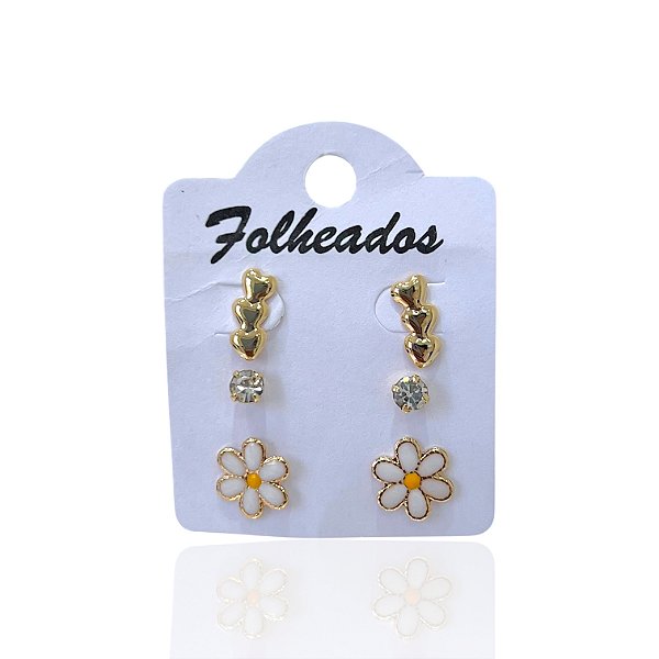 Trio Brincos Folheado Ouro 18k e Prata 925 Margarida