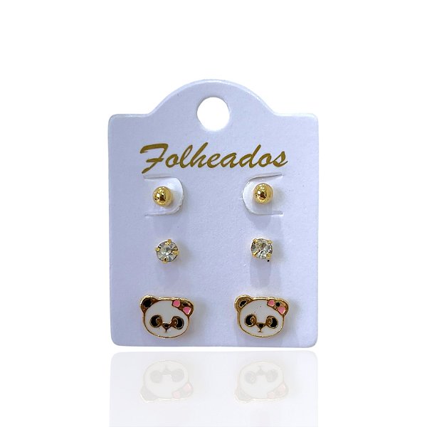 Trio Brincos Folheado Ouro 18k e Prata 925 Panda