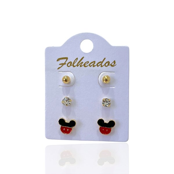 Trio Brincos Folheado Ouro 18k e Prata 925 Mickey