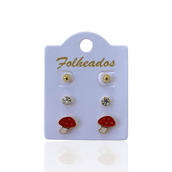 Trio Brincos Folheado Ouro 18k e Prata 925 Cogumelo