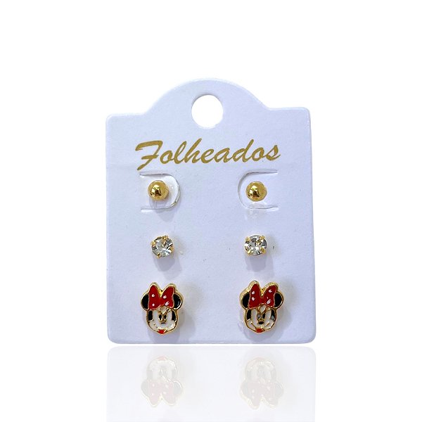 Trio Brincos Folheado Ouro 18k e Prata 925 Minnie