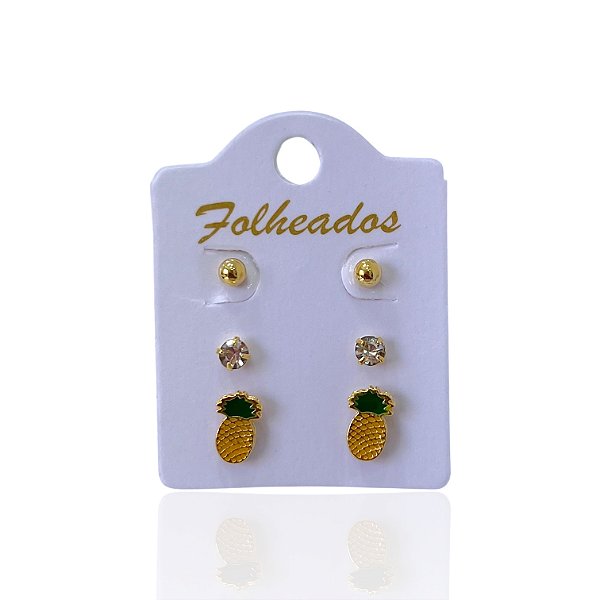 Trio Brincos Folheado Ouro 18k e Prata 925 Abacaxi