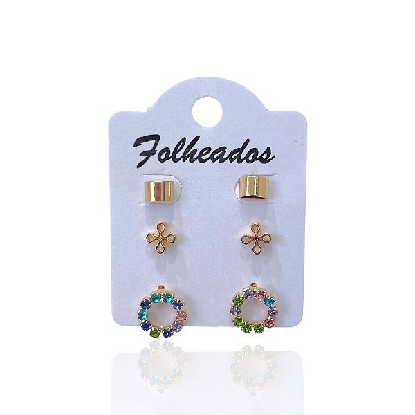 Trio Brincos Folheado Ouro 18k e Prata 925 Mandala