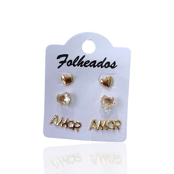 Trio Brincos Folheado Ouro 18k e Prata 925 Amor