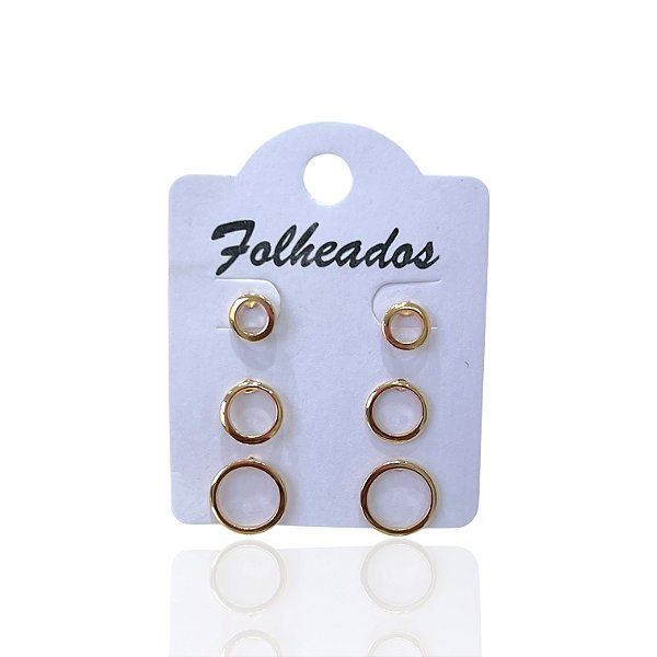 Trio Brincos Folheado Ouro 18k e Prata 925 Redondo