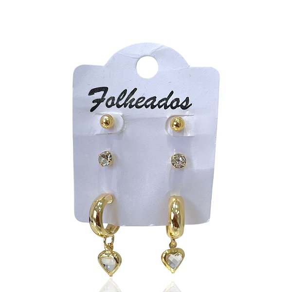 Trio Brincos Folheado Ouro 18k e Prata 925 Argola Coração