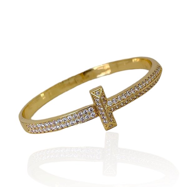 Bracelete Folheado Ouro 18k e Prata 925 Inspired T Cravejado