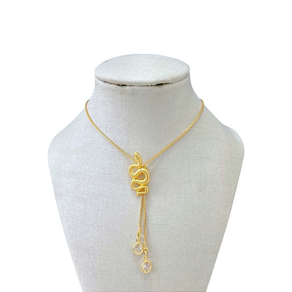 Colar Folheado Ouro 18k e Prata 925 Gravatinha Cristal Serpente