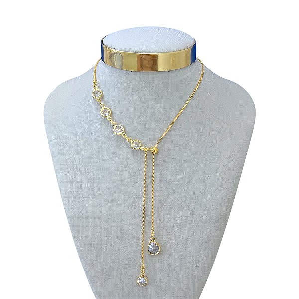 Colar Folheado Ouro 18k e Prata 925 Gravatinha Cristais