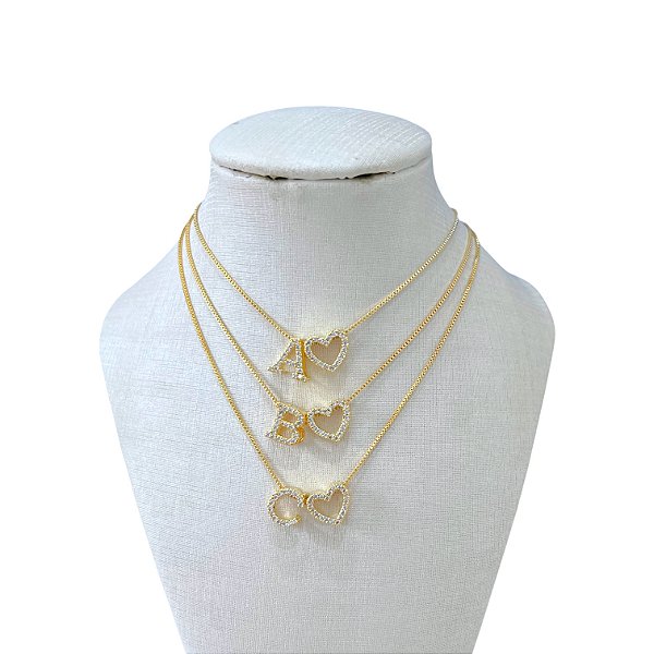 Colar Folheada Ouro 18k e Prata 925 Letra Inicial Coração Cravejado