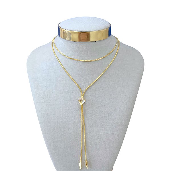 Colar Duplo Folheado Ouro 18k Gravatinha Cristal Triângulo