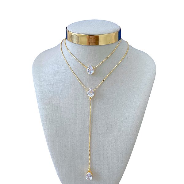 Colar Duplo Folheado Ouro 18k e Prata 925 Gravatinha Gotas