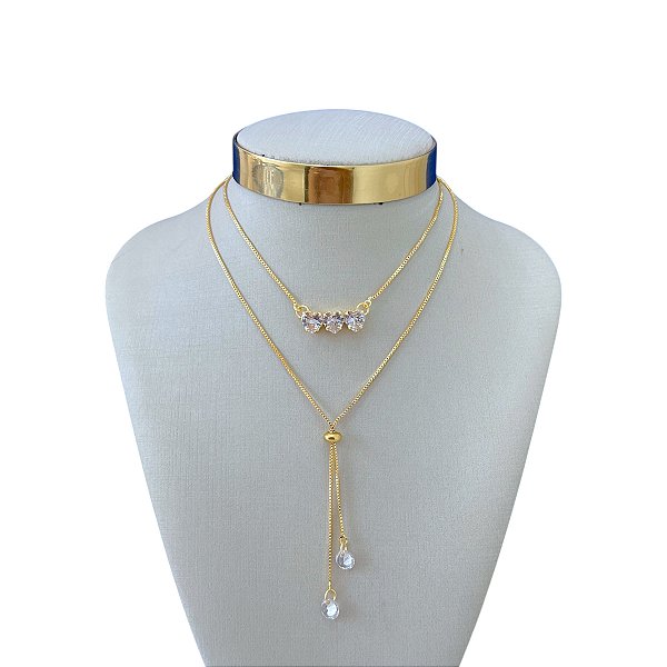 Colar Duplo Folheado Ouro 18k e Prata 925 Gravatinha Cristal Corações