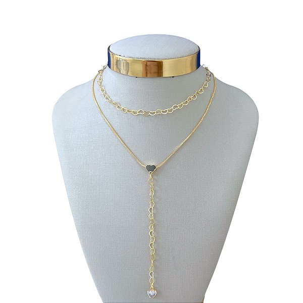 Colar Duplo Folheado Ouro 18k Gravatinha elos Corações