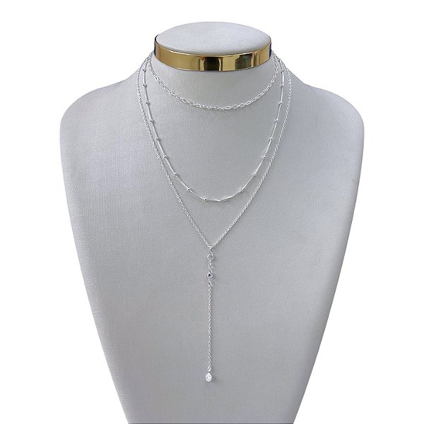 Colar Triplo Folheado Ouro 18k Gravatinha Cristais Bolinhas elos