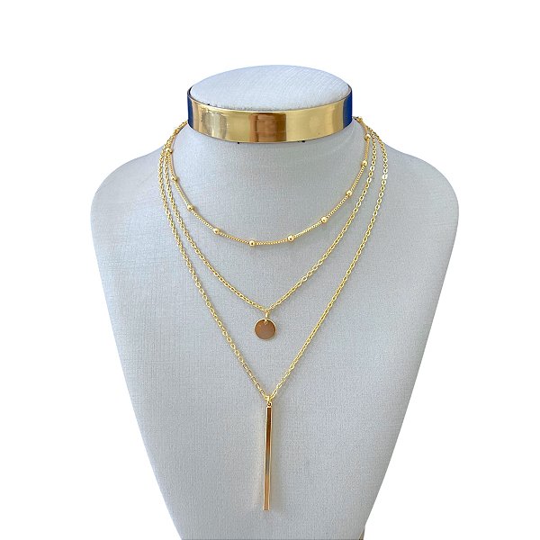 Colar Triplo Folheado Ouro 18k Bolinhas Medalha Palito