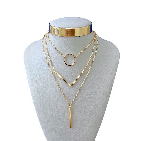 Colar Triplo Folheado Ouro 18k e Prata 925 Redondo V Palito