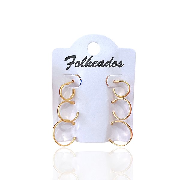 Trio Brincos Folheado Ouro 18k e Prata 925 Argolinhas