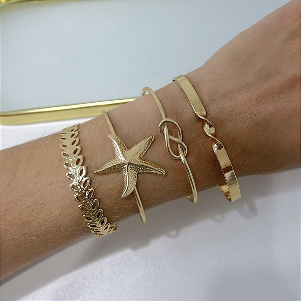 kit 4 Bracelete Bijuteria Dourado e Prata Estrela