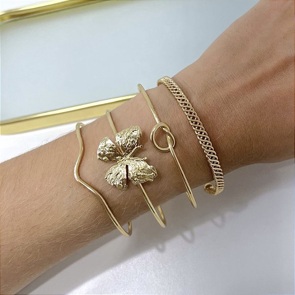 kit 4 Bracelete Bijuteria Dourado e Prata Borboleta