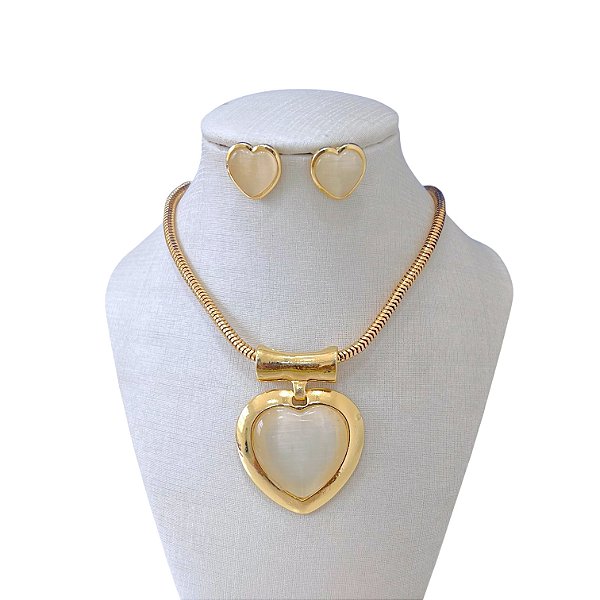 Conjunto Folheado Ouro 18k e Prata 925 Pedraria Coração Malha