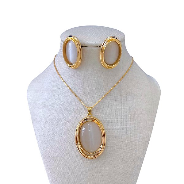 Conjunto Folheado Ouro 18k e Prata 925 Pedraria Oval