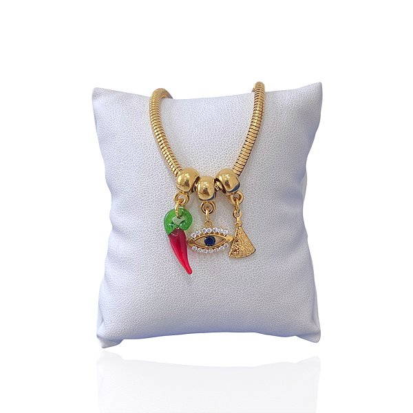 Pulseira Folheada Ouro 18k Malha Patuá Olho Grego Nossa Senhora