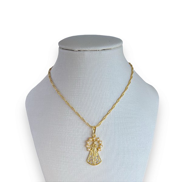 Colar Folheado Ouro 18k Nossa Senhora Strass