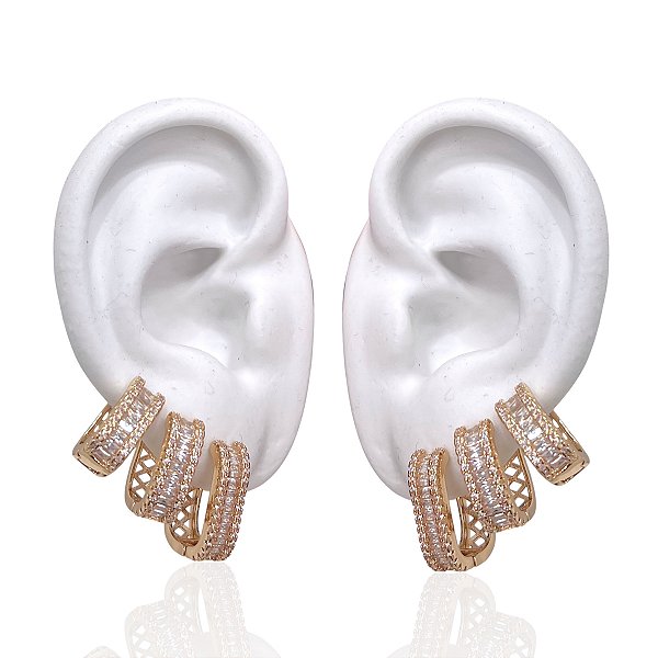 Trio Brincos Folheado Ouro 18k e Prata 925 Argolas Quadrada Cravejada