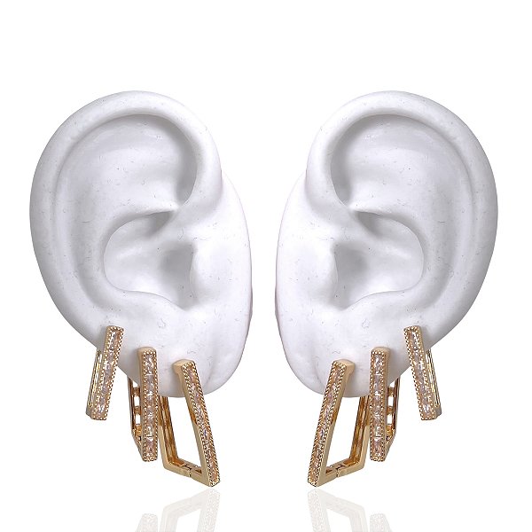 Trio Brincos Folheado Ouro 18k e Prata 925 Argolas Quadrada Cravejada