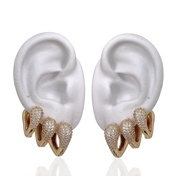 Trio Brincos Folheado Ouro 18k e Prata 925 Argolas Coração Cravejado