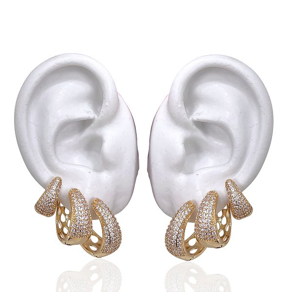 Trio Brincos Folheado Ouro 18k e Prata 925 Argolas Cravejada