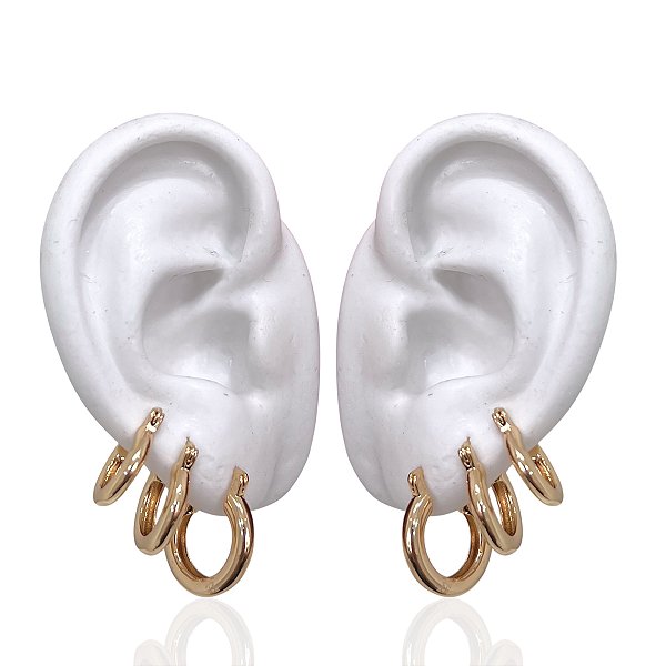 Trio Brincos Folheado Ouro 18k e Prata 925 Argolas Canoa Abaulada
