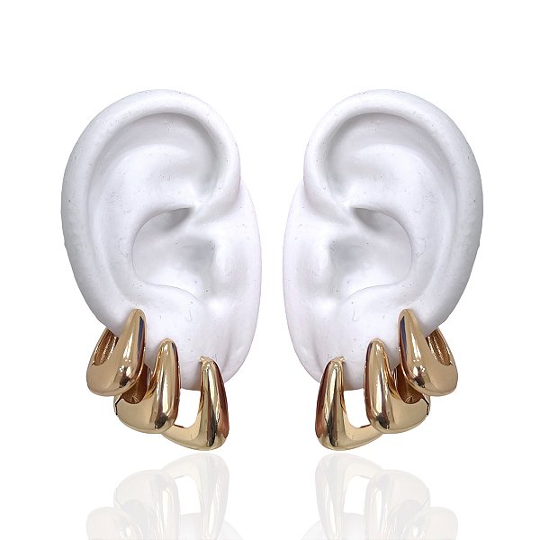 Trio Brincos Folheado Ouro 18k e Prata 925 Argolas Quadrada Abaulada