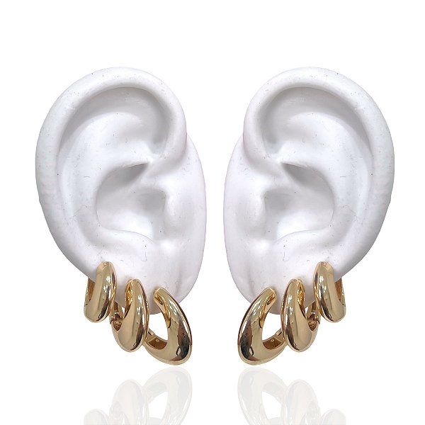 Trio Brincos Folheado Ouro 18k e Prata 925 Argolas Abaulada