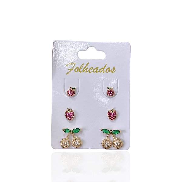 Trio Brincos Folheado Ouro 18k e Prata 925 Frutas Cravejada