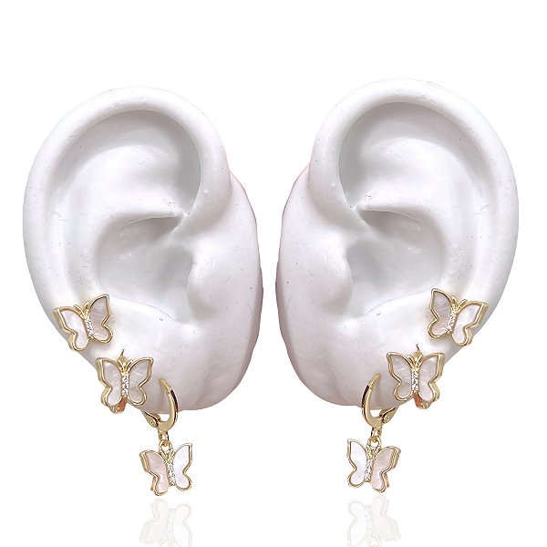 Trio Brincos Folheado Ouro 18k e Prata 925 Borboletas Madrepérola