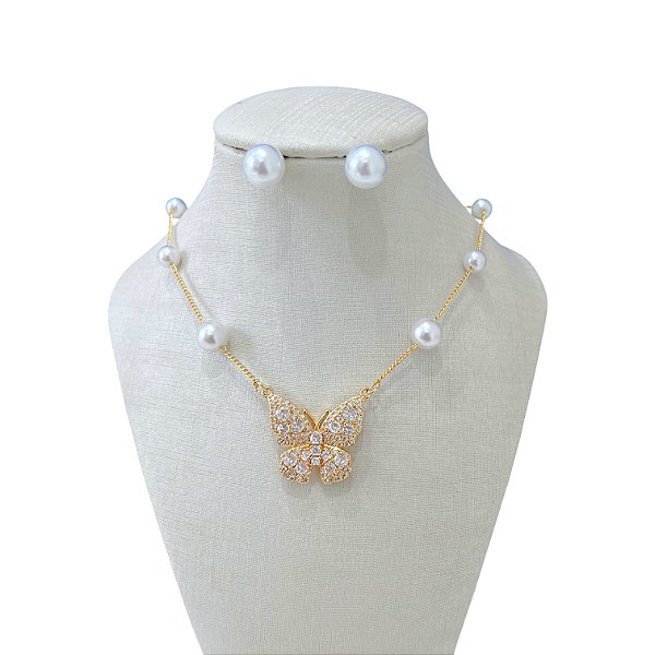 Conjunto Folheado Ouro 18k e Prata 925 Borboleta Cravejada Pérola