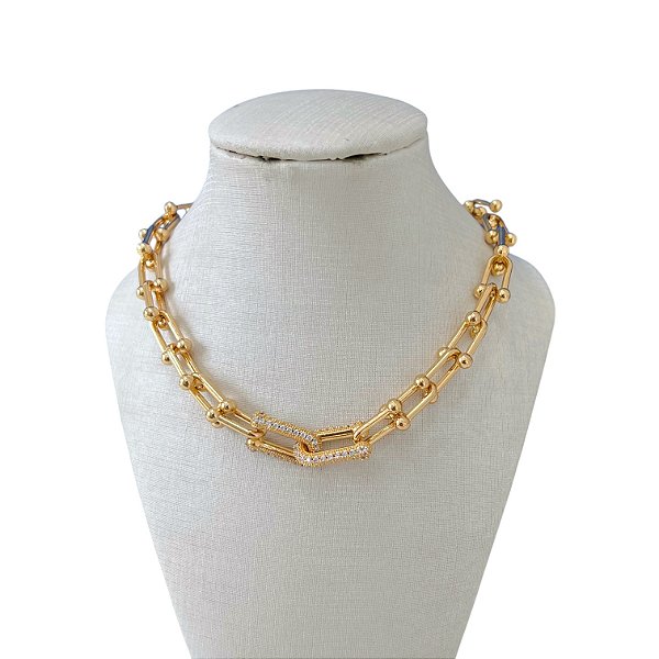 Colar Folheada Ouro 18k e Prata 925 Elos Bolinhas Cravejado