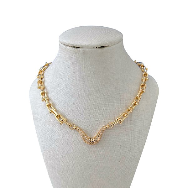 Colar Folheada Ouro 18k e Prata 925 Elos Bolinhas Cravejado Ondulado